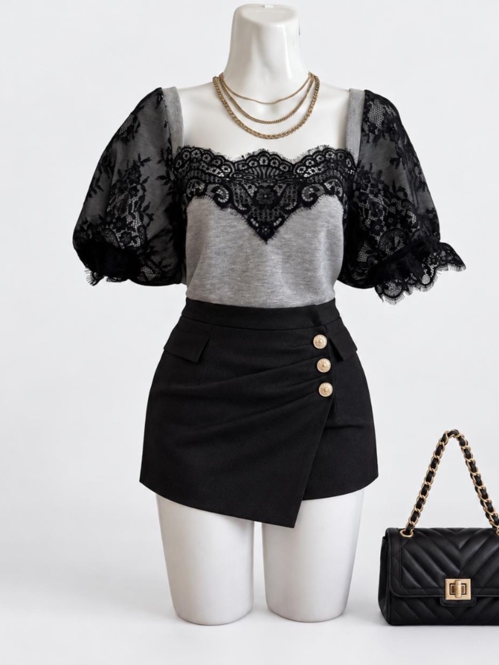 Maeve Gray Knit Top with Black Lace Puff Sleeves Size M